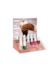OPI Fall ’26 GelColor 14PC Vac Tray Display showcasing gel polish bottles in pink, red, purple, gray, and neutral fall nail colors on a Route Beer Float themed counter display with a hand holding a soda float.