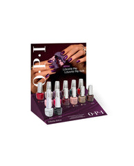 OPI Fall '26 Infinite Shine 14PC Vac Tray Display showcases long-wear lacquer bottles in rich fall nail colors, with a purple manicure campaign backdrop on a white studio background.