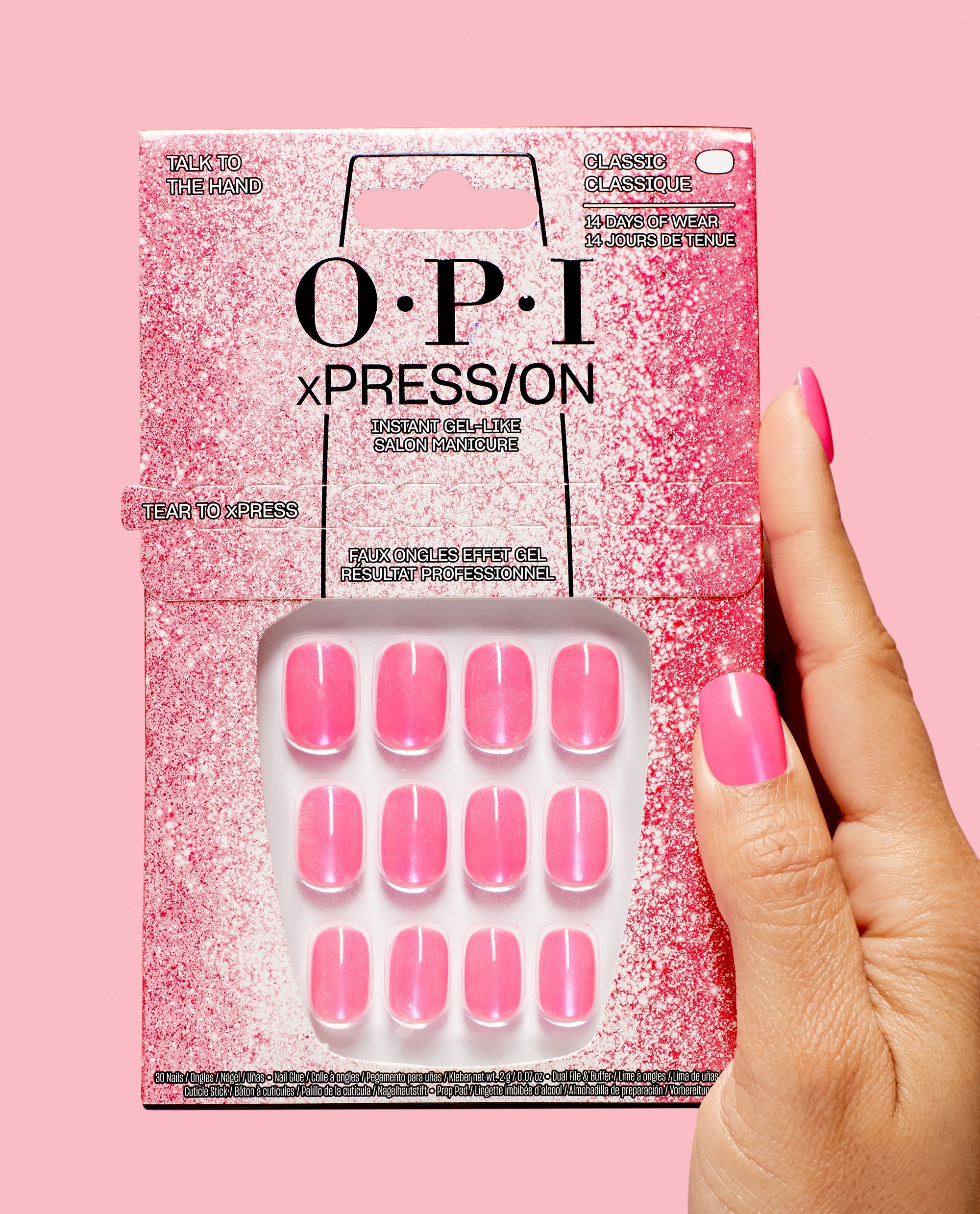 OPI xPRESS/ON Iconic Shades Short Talk to the Hand Pink Press-on Nails Hand and Product