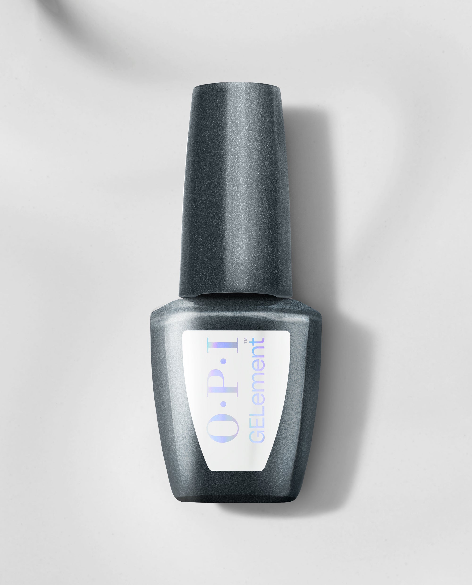 OPI BRB, Doing My Nails at-home gel nail polish bottle in dark charcoal shimmer stands upright on a light gray surface, showcasing a trending gel manicure shade.