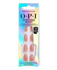 OPI Sticking Point Double Shot of Glaze press-on nails displayed in iridescent packaging, featuring glossy peachy nude artificial nails for fall nail colors.