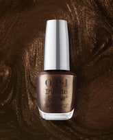 OPI Infinite Shine Espresso Your Style gel-like lacquer bottle showcasing a shimmery bronze-brown fall nail color against a sparkling chocolate metallic polish background.