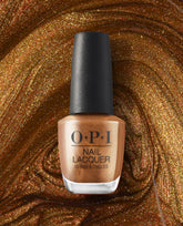 OPI Millennium Mocha Nail Lacquer bottle stands upright, showing a shimmery bronze-brown shade against a swirling glitter mocha background for warm fall nail colors.