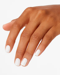 Hand with neatly manicured short nails painted in OPI Funny Bunny nail lacquer, showing the soft white, glossy finish against a clean white background, ideal for promoting an OPI nail polish gift set in the US market.