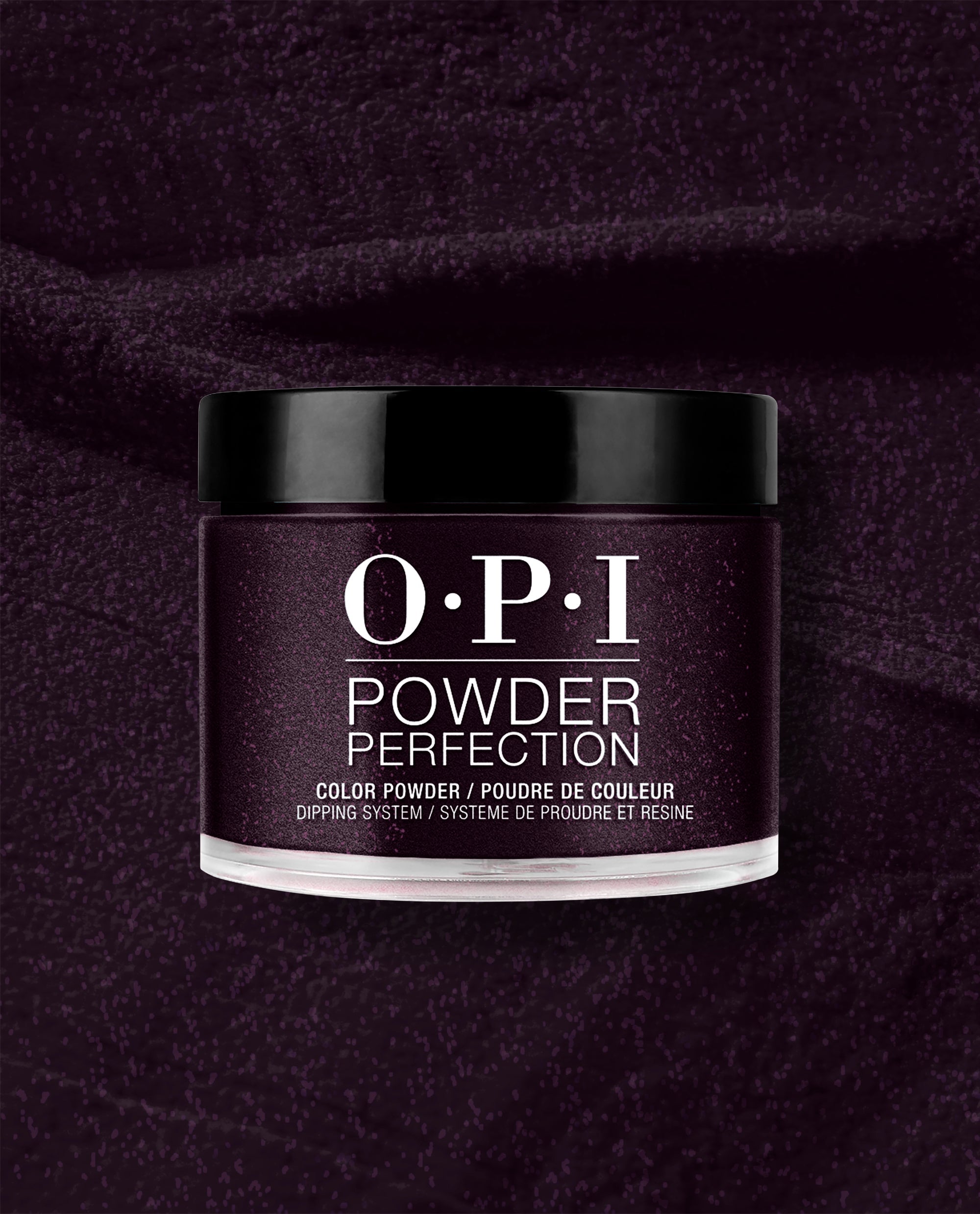 OPI Powder Perfection Lincoln Park at Midnight dipping powder jar showcases a deep eggplant purple shimmer shade against a matching textured powder background, ideal for dramatic fall nail colors.
