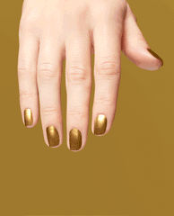 Hand with neatly manicured nails showcases SaTURN Me On OPI nail polish, a shimmering metallic gold nail lacquer, against a matching golden background, highlighting the polish’s rich color and glossy, full-coverage finish.