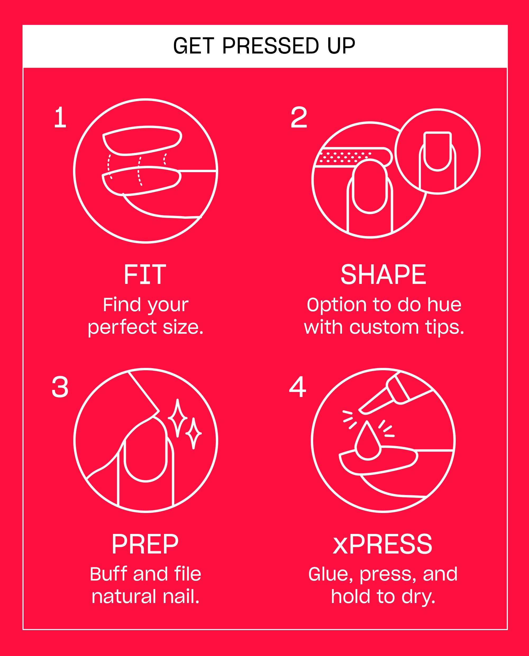 Trending OPI Cajun Shrimp xPRESS/ON press-on nail guide shows four steps - fit, shape, prep, and glue, press, and hold - on a bright coral-red background with white nail care icons.
