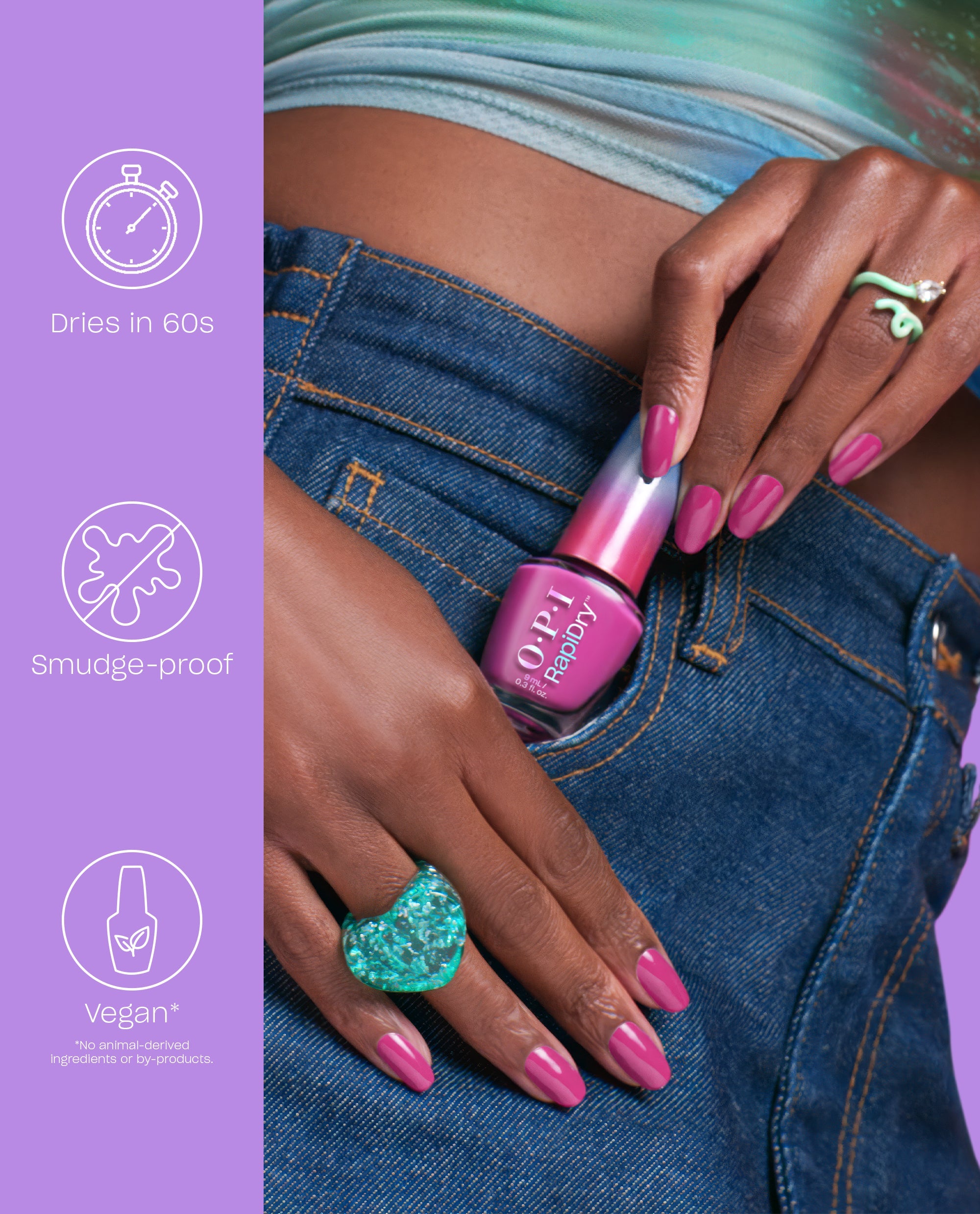Hand with glossy pink ASAPink nails holding OPI RapiDry™ bottle against blue denim shorts, showcasing nail polish gift set benefits: dries in 60 seconds, smudge-proof, and vegan formula on a lavender info panel.