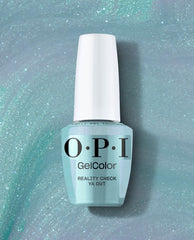 OPI GelColor Reality Check Ya Out bottle standing upright with white cap and bold OPI logo, displaying mint green nail polish on a shimmery aqua swirl backdrop, a gel nail polish pick for spring nail colors from OPI.