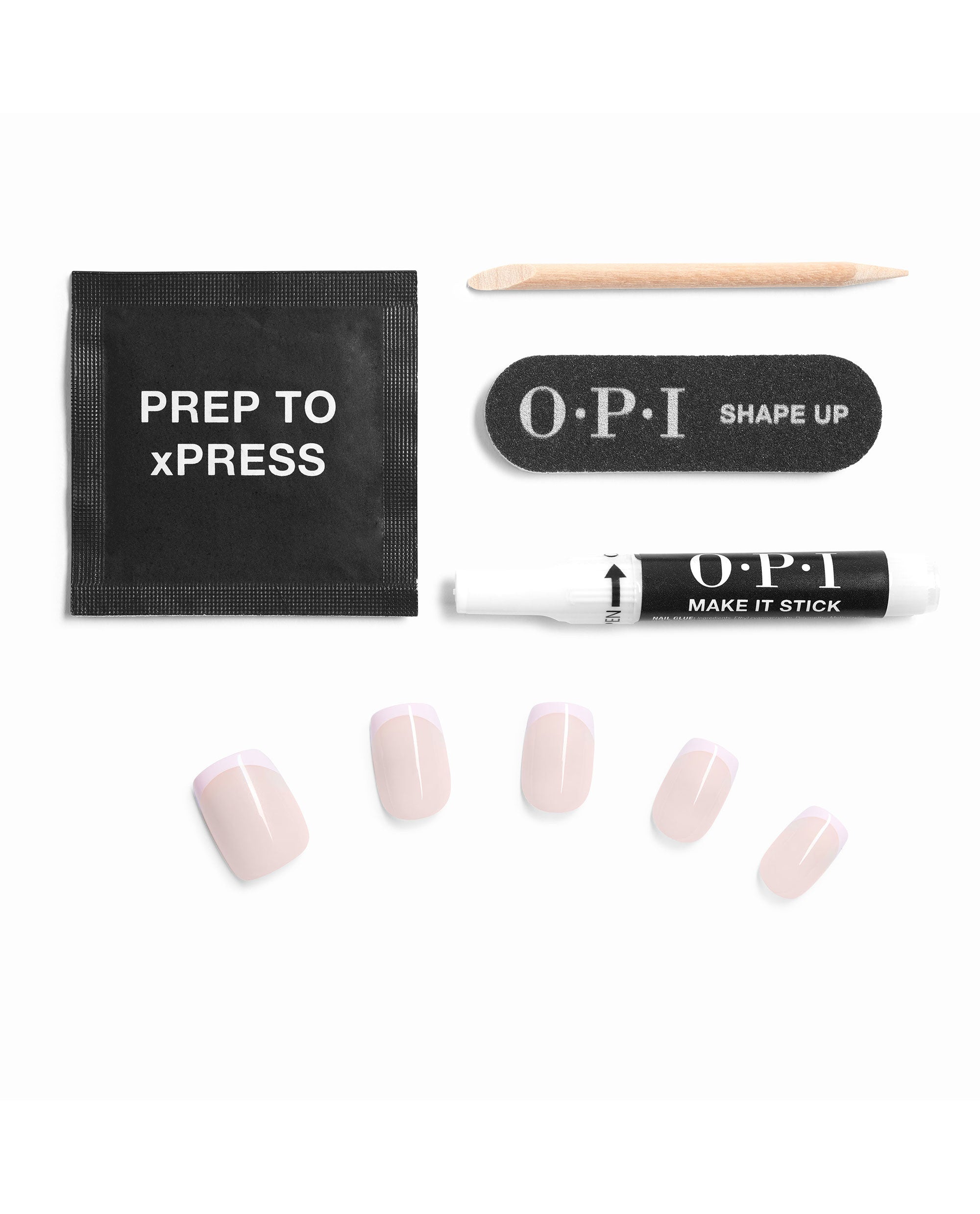 OPI La Vie en Rose On Point press-on nail kit contents arranged on white, featuring pale pink French tip artificial nails, Prep to xPRESS pad, Shape Up nail file, wooden cuticle stick, and Make It Stick nail glue.