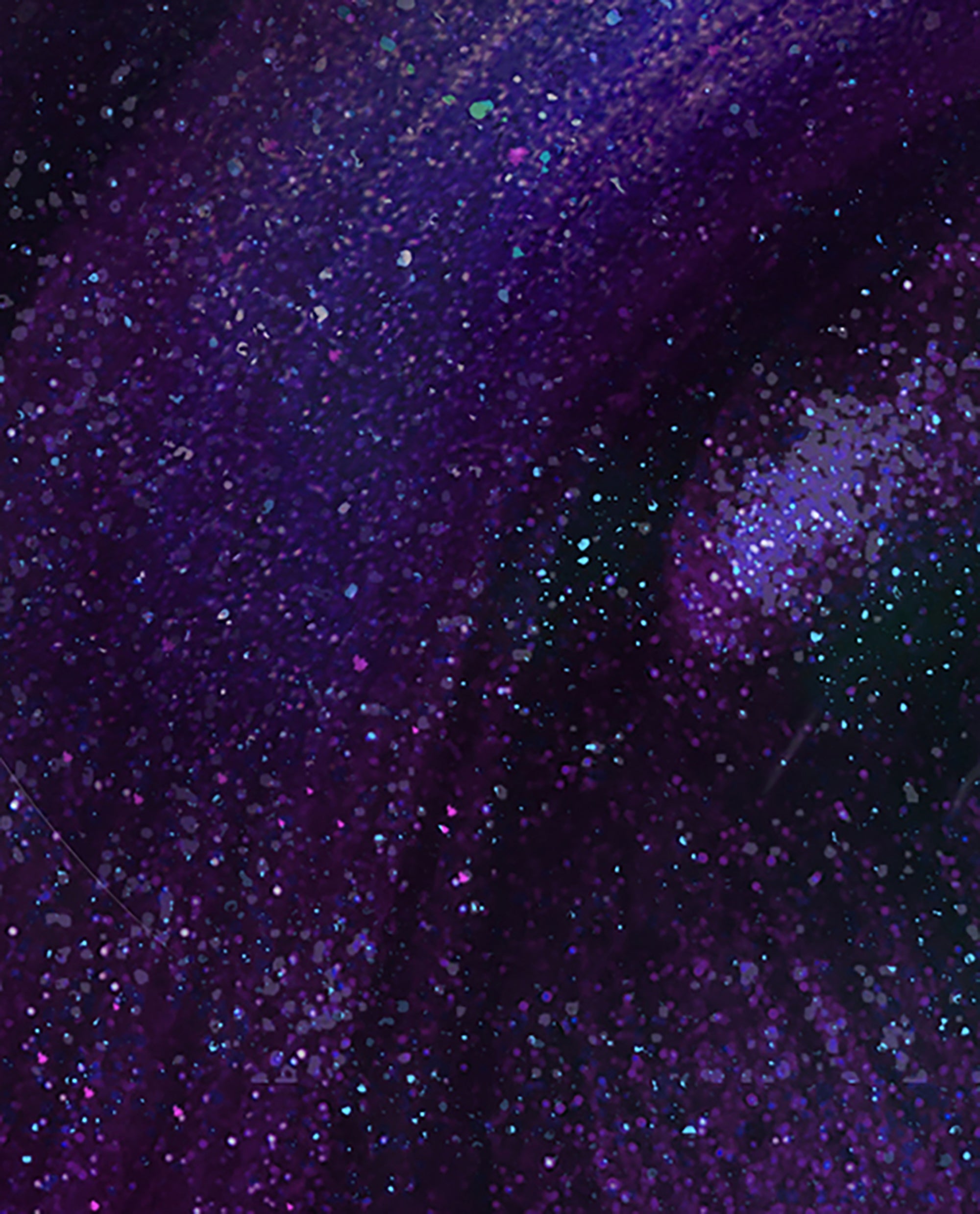 Abstract After Dark nail lacquer brush swatch showing a deep midnight purple OPI nail polish with fine blue, pink, and silver glitter flecks creating a galaxy-like shimmer across the glossy surface.