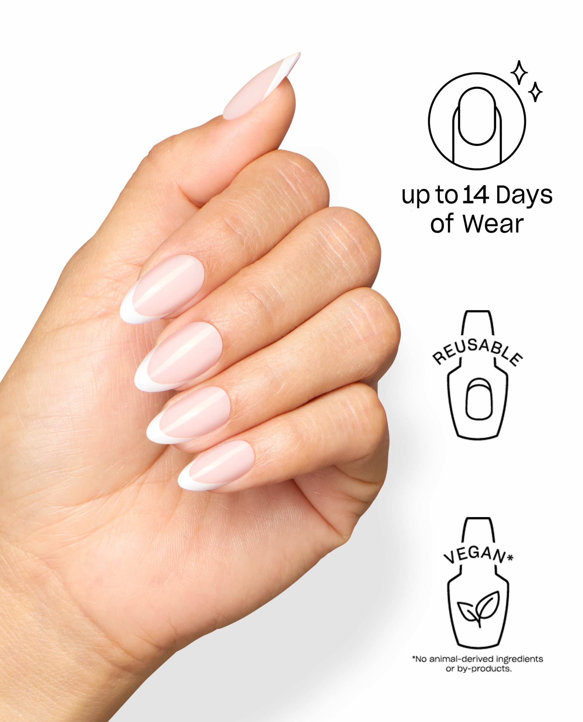 OPI Bride or Die On Point artificial nails show sheer pink French almond tips on a hand, with icons for up to 14 days of wear, reusable design, and vegan ingredients among fall nail colors.