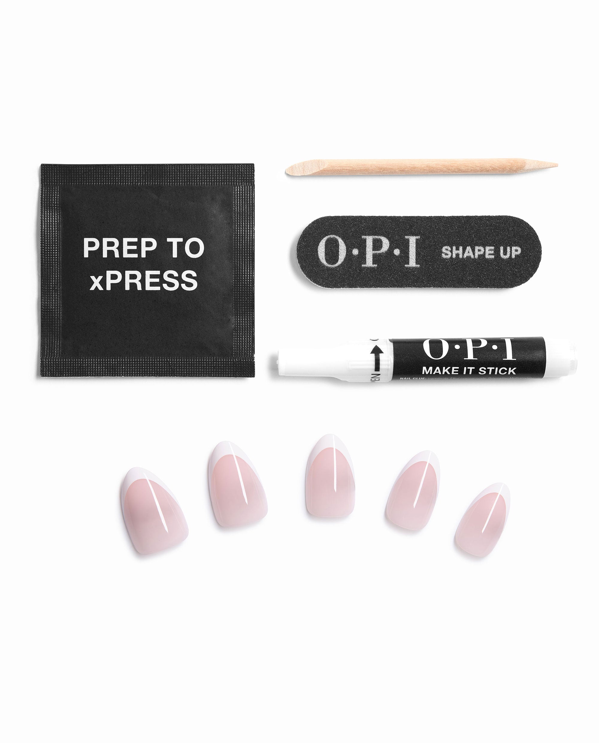OPI Bride or Die On Point press-on nail kit contents arranged on white, with pale pink French tip artificial nails, nail glue, prep pad, mini file, and wooden cuticle stick for easy fall nail colors.