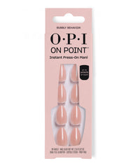 OPI On Point Bubbly Behavior press-on nails displayed in a blush pink box, showing glossy peach nude artificial nails with up to 14 days of wear, a soft pick for fall nail colors.