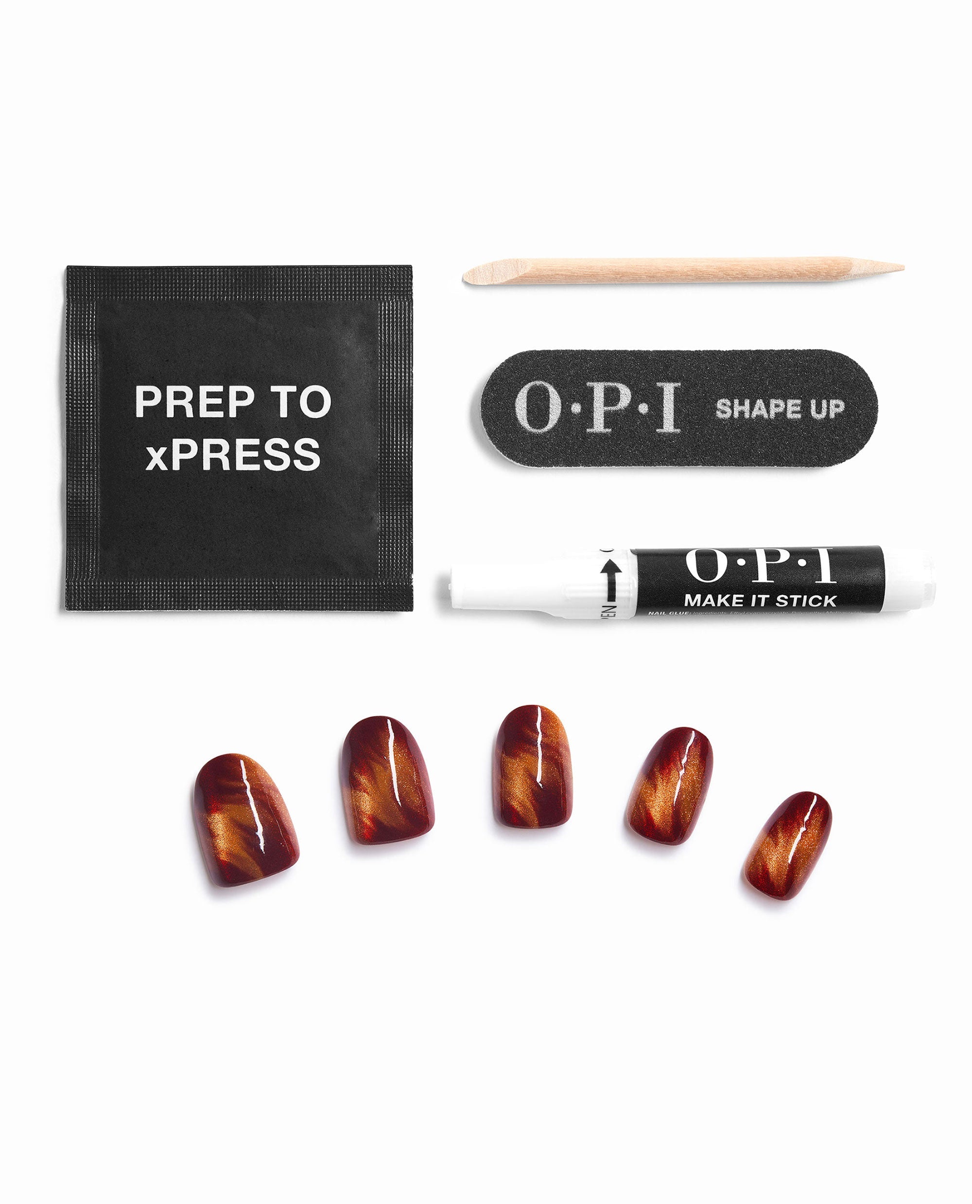 OPI Burn After Glazing xPRESS/ON press-on nails display glossy amber-red fall nail colors with prep pad, cuticle stick, nail file, and Make It Stick glue on a white background.