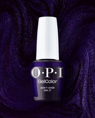 OPI Don’t Over Ink It GelColor gel nail polish bottle stands against a sparkling deep purple swirled backdrop, showcasing a rich violet shimmer shade for fall nail colors.