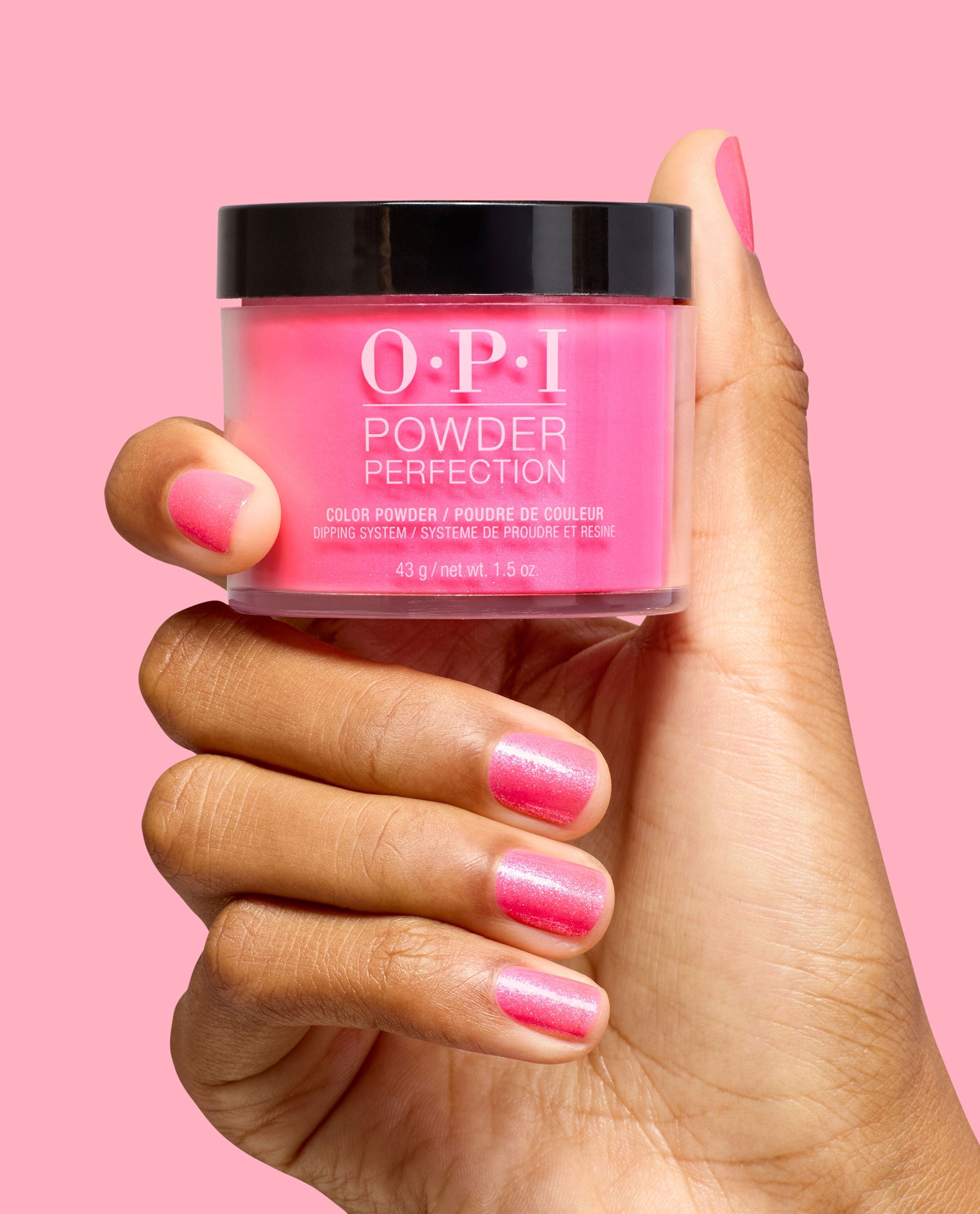 Dopa-mani Pink Shimmer Nail Dip Powder Hand and Product