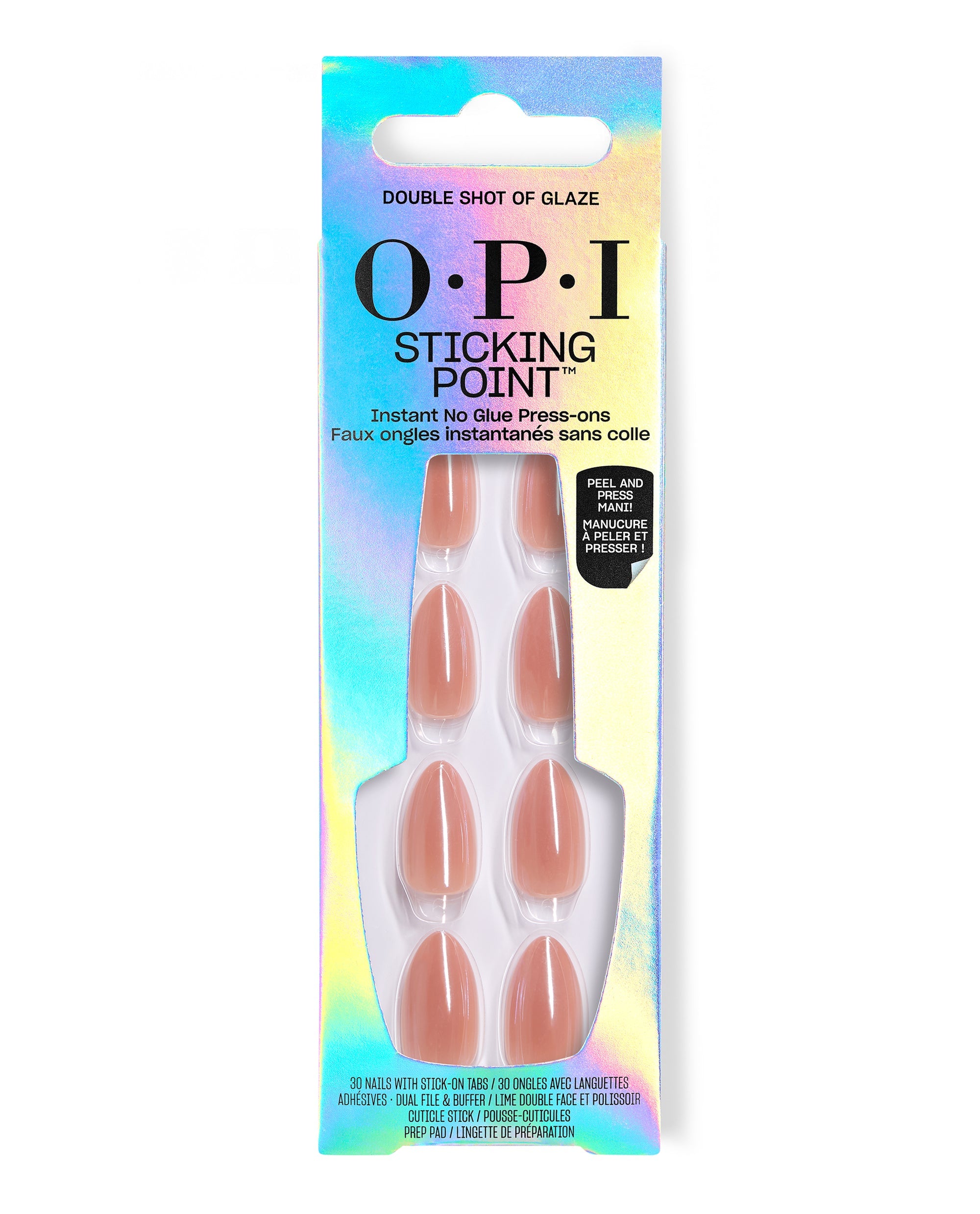 OPI Sticking Point Double Shot of Glaze press-on nails displayed in iridescent packaging, featuring glossy peachy nude artificial nails for fall nail colors.