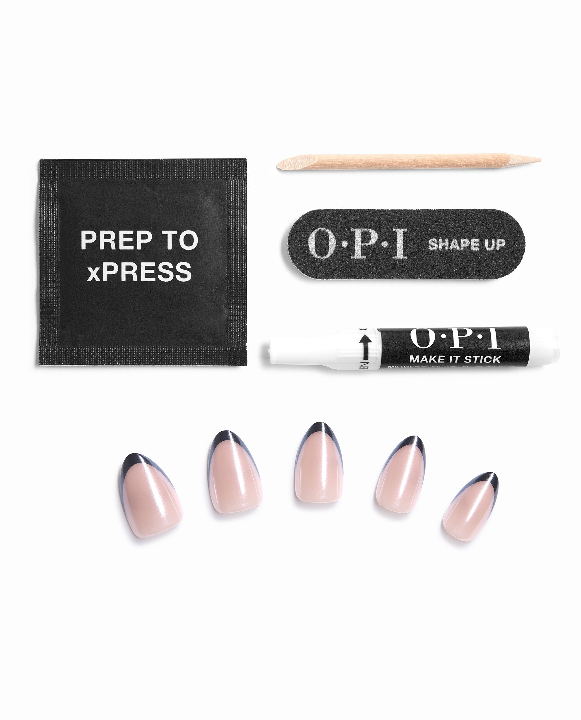 OPI French Rebel On Point press-on nail kit displayed with nude nails and black French tips, Prep to xPress wipe, Shape Up file, wooden cuticle stick, and Make It Stick nail glue for fall nail colors.