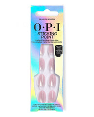 OPI Glass in Session Sticking Point press-on nails are displayed in iridescent packaging, featuring sheer pink glossy artificial nails for easy no-glue manicures and soft fall nail colors.