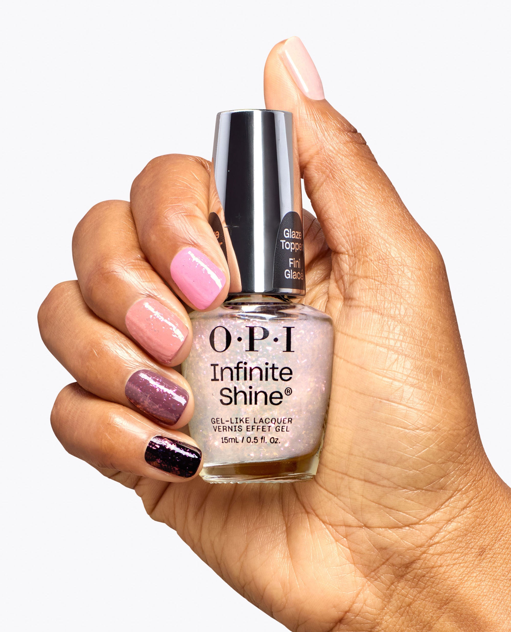 Glint Condition Rose‑Gold Flake Glaze Nail Polish Topper Hand and Bottle