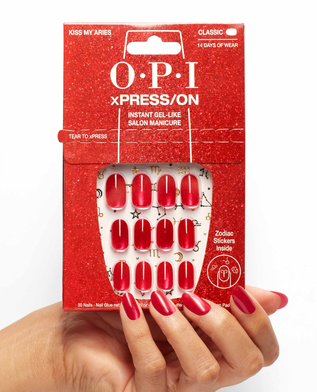 OPI Kiss My Aries xPRESS/ON Effects red Press-on Nails Hand and Product