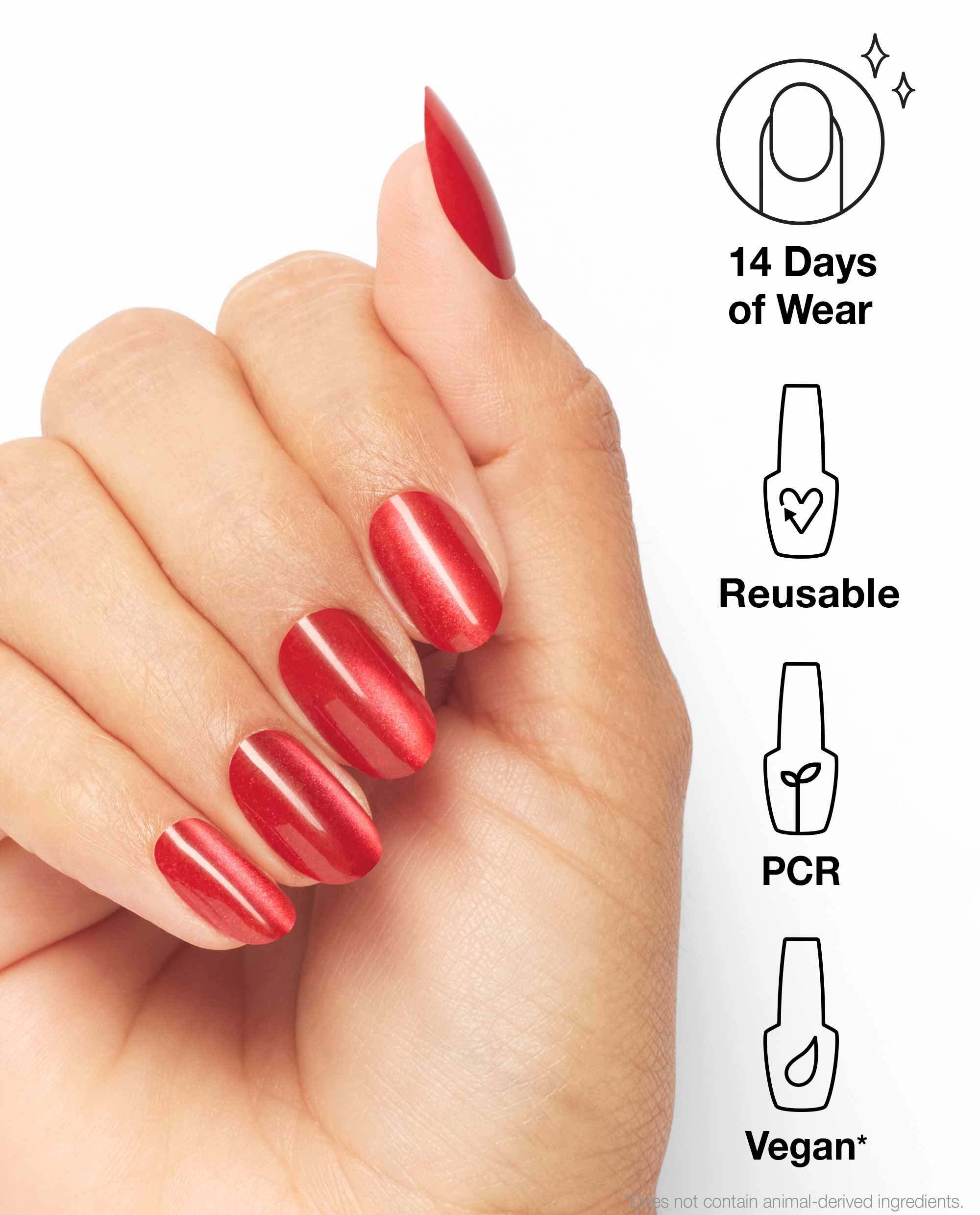 Hand wearing Kiss My Aries xPRESS/ON Effects red almond-shaped press-on nails, shown close-up against a white background with icons highlighting 14 days of wear, reusable, PCR, and vegan benefits, ideal alternative to OPI nail polish.