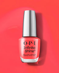 OPI Infinite Shine Pack a Cherry-on Bag coral-red gel-like lacquer bottle standing upright on a matching glossy red background, showcasing a trending long-wear nail polish shade.