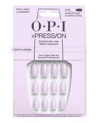 OPI xPRESS/ON Polly Want a Lacquer? press-on nails displayed in pale lavender retail packaging, featuring long gel-like oval nails with 14 days of wear, a soft pick for fall nail colors.
