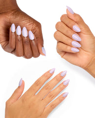 Three hands display OPI xPRESS/ON Polly Want a Lacquer? press-on nails in glossy pale lavender almond shapes on a clean white background, a soft option among fall nail colors.