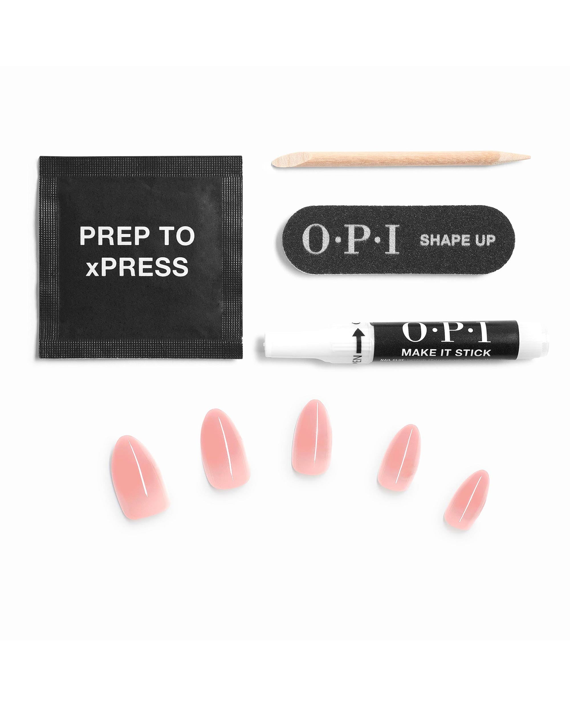Totally Pressed xPRESS/ON Iconic Shades (Long) OPI nail polish gift set contents arranged on white background, showing pink long press-on nails, prep wipe packet, wooden cuticle stick, mini nail file, and adhesive pen.
