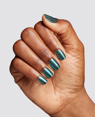 Manicured hand showcasing Yuletide Sweetings! nail lacquer by OPI, a shimmery deep green nail polish with fine glitter, catching light on short rounded nails against a clean gray background—glossy, festive color perfect for spring nail colors.